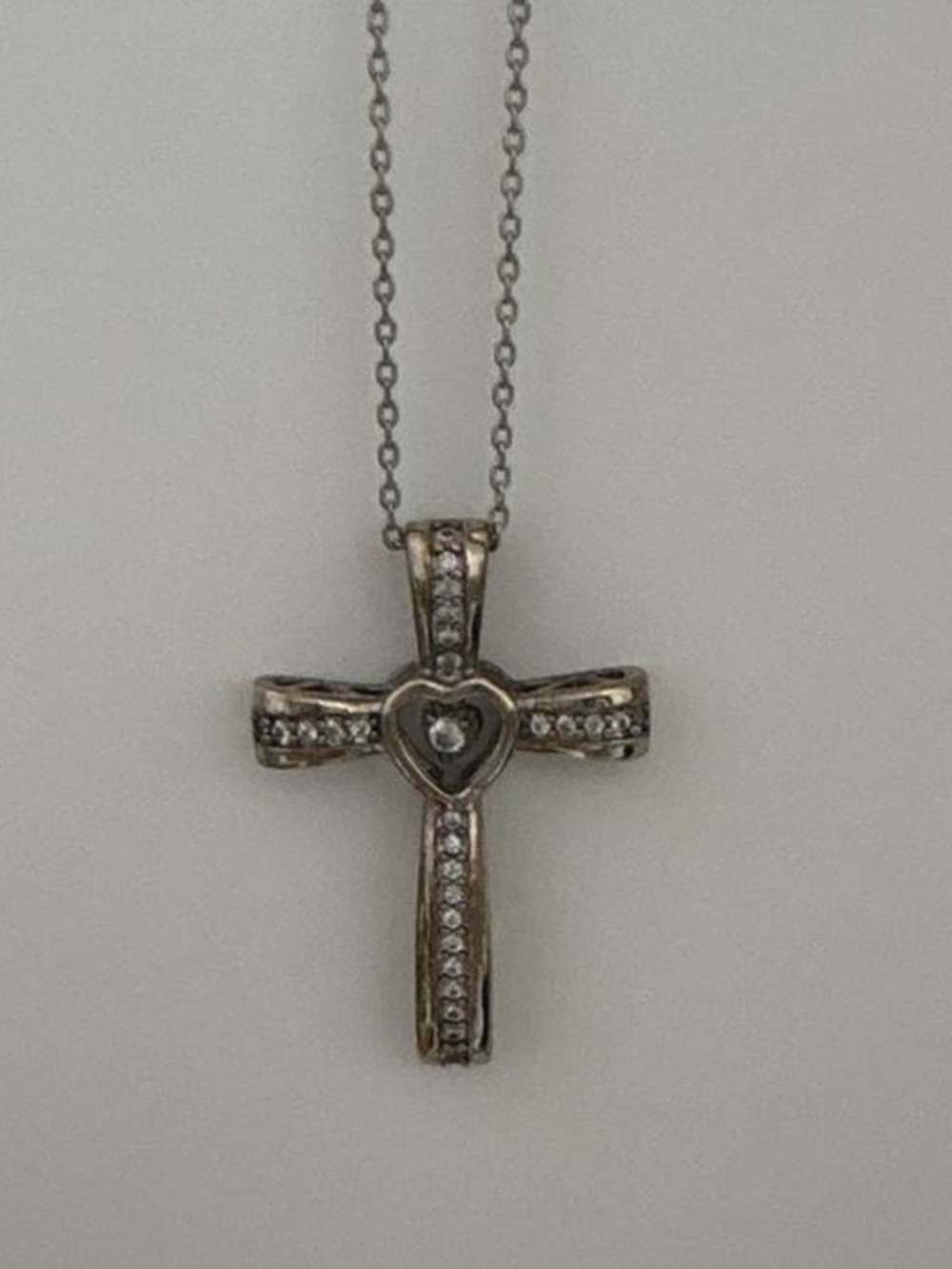 Silver-Tone Cross Necklace with Heart and Crystal Accents